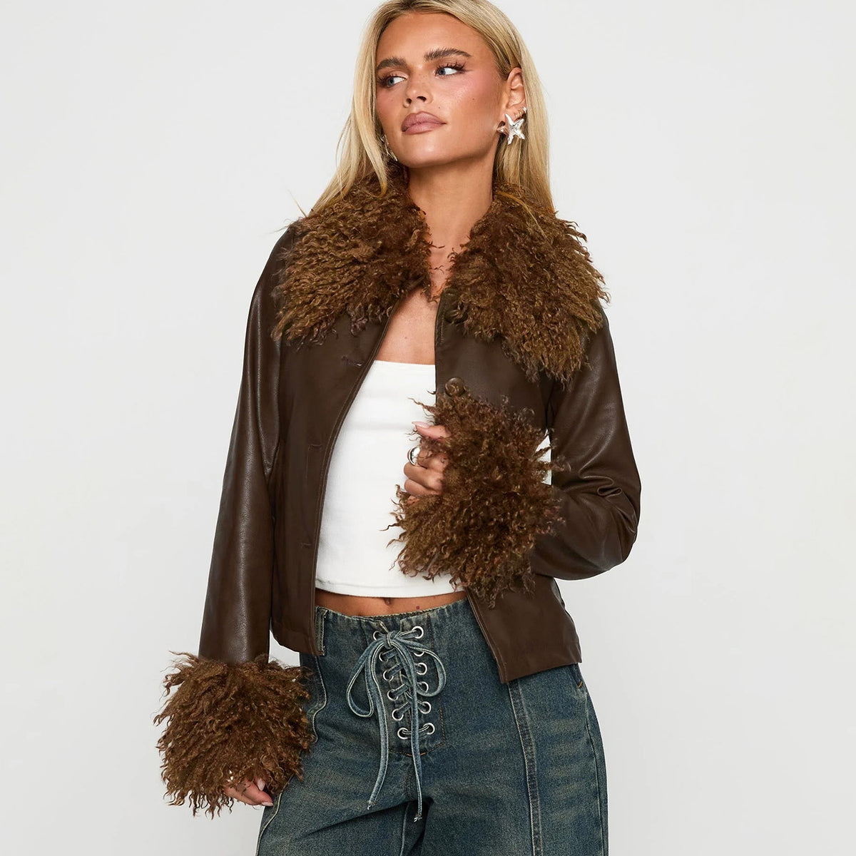 FZ Women's Retro Fur Collar Stitching Leather Street Jacket