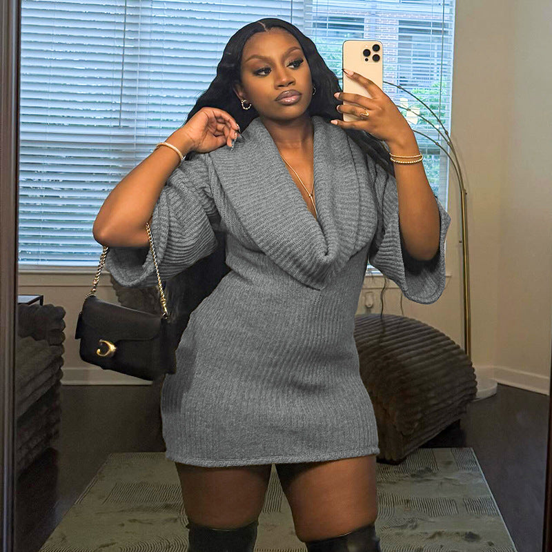 FZ Women's Casual Loose Swing Collar Woolen Mid Sleeved Sweater Dress