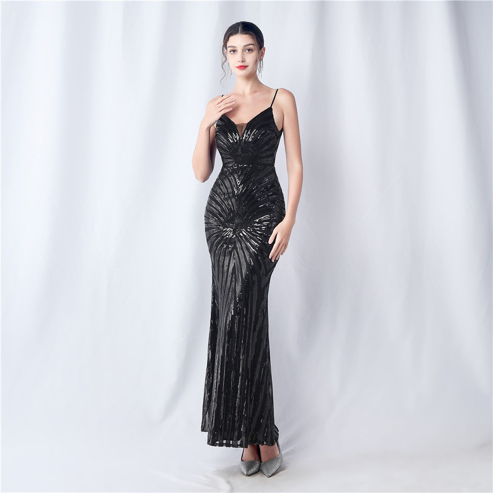 FZ Women's Floral Cutting Sequin Sling Evening Dress - FZwear