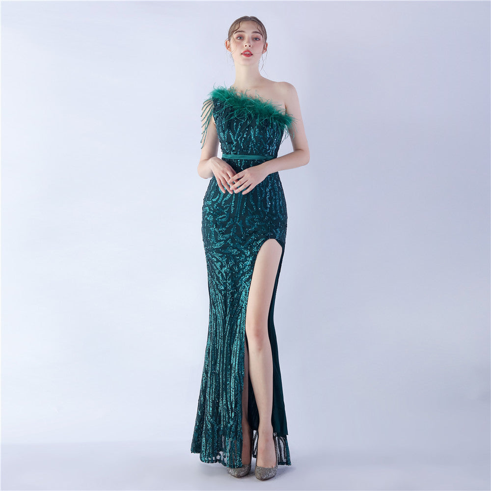 FZ Women's Ostrich Hair Diagonal Collar One Shoulder High End Evening Dress - FZwear