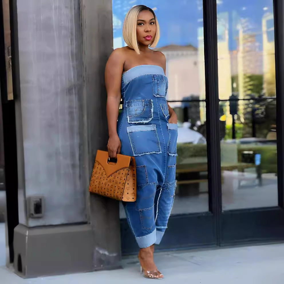 FZ Women's Multi Pocket Stitching Washed Loose Sleeveless Denim Jumpsuit - FZwear