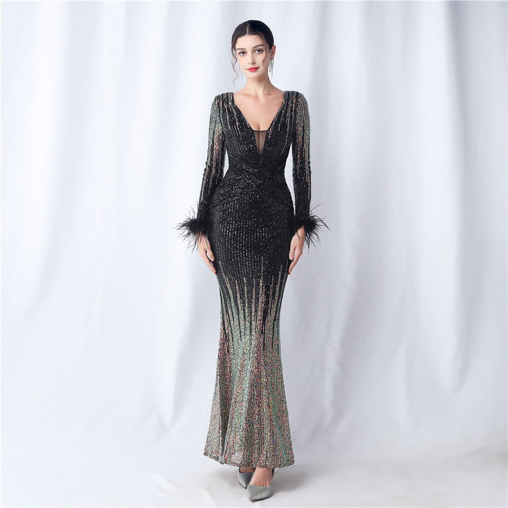 FZ Women's Ostrich Feather Gradient Sequin Long Sleeve Evening Dress - FZwear