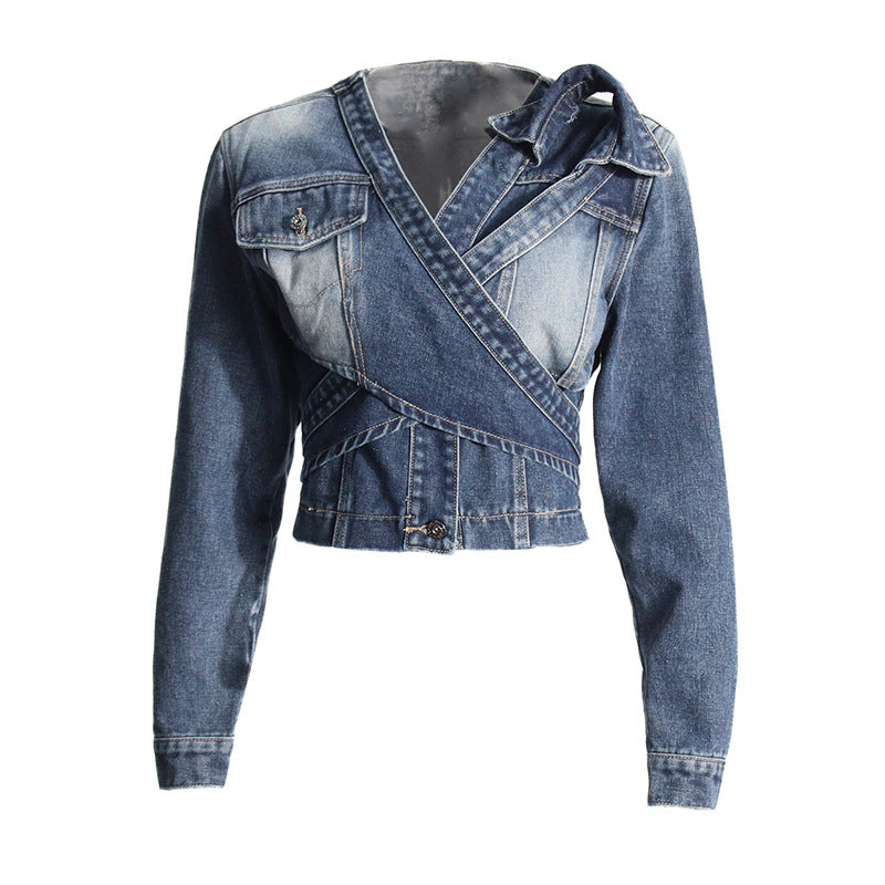 FZ Women's Cross Asymmetric Lace up High Grade Short Denim Jacket - FZwear