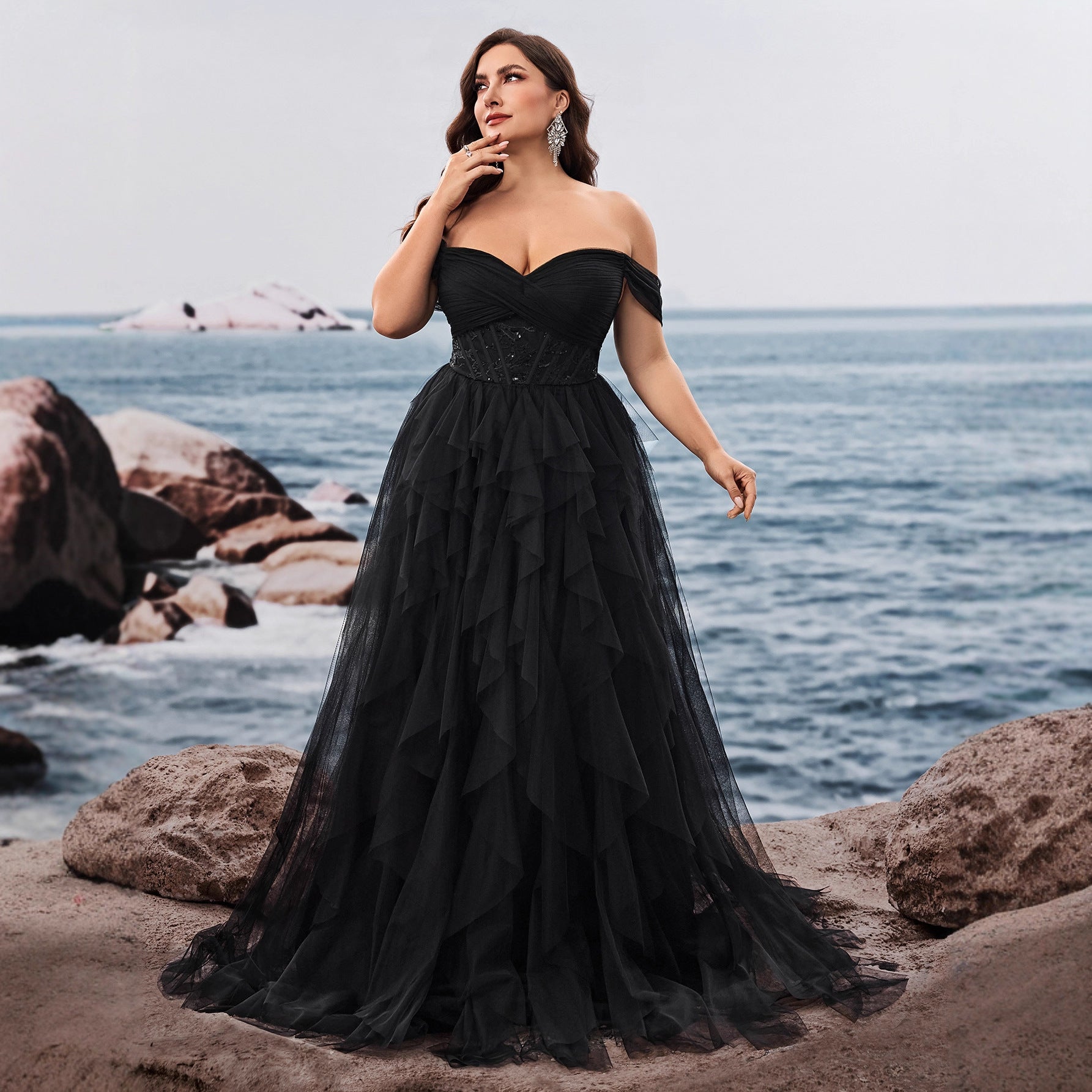 FZ Women's Plus Size Cold Shoulder Cocktail Tiered Evening Dress