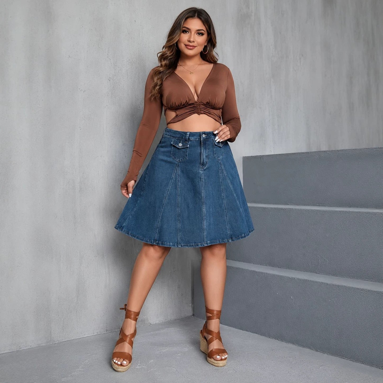 FZ Women's Plus Size Mid Waist Denim Skirt