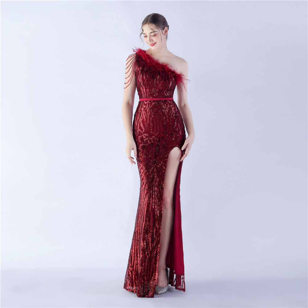 FZ Women's Ostrich Hair Diagonal Collar One Shoulder High End Evening Dress - FZwear
