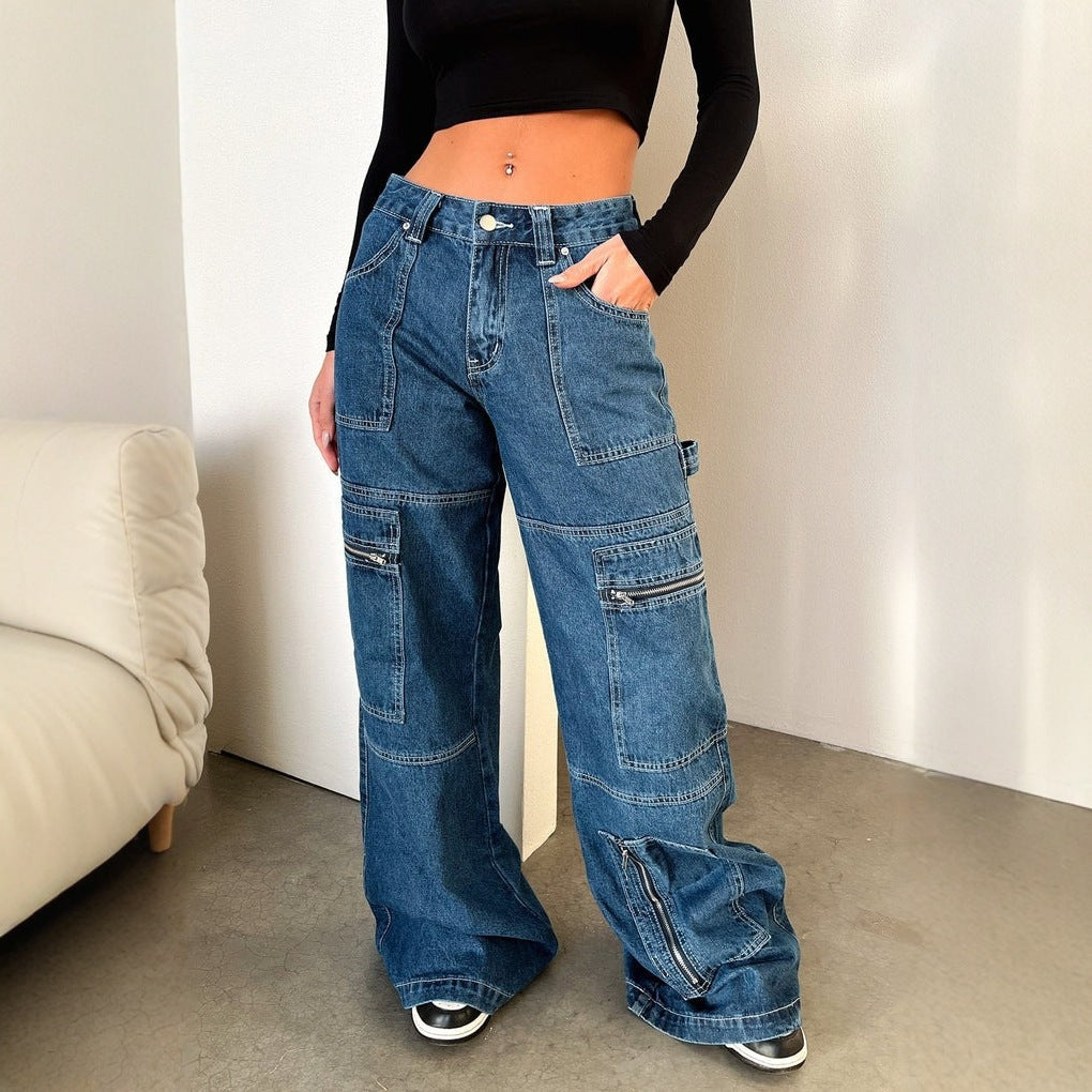 FZ Women's Retro High Waist Wide Leg Denim Pants