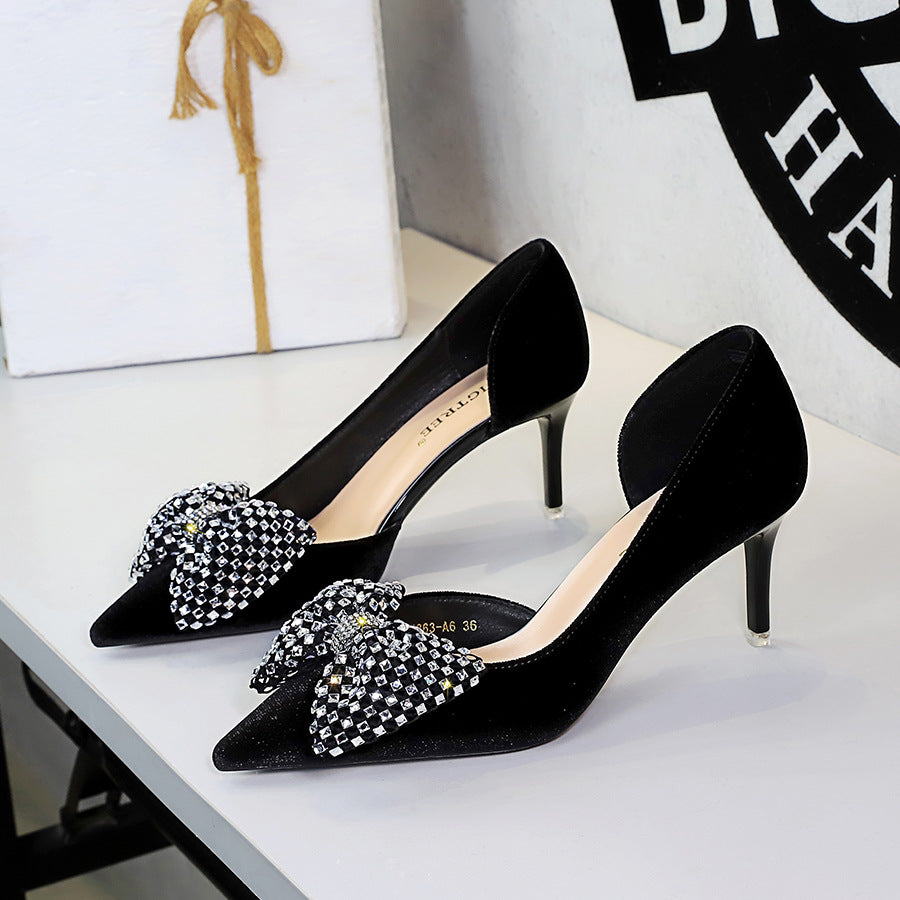 FZ Women's Rhinestone Bow Pointed Slip on Side Hollow Out Pumps