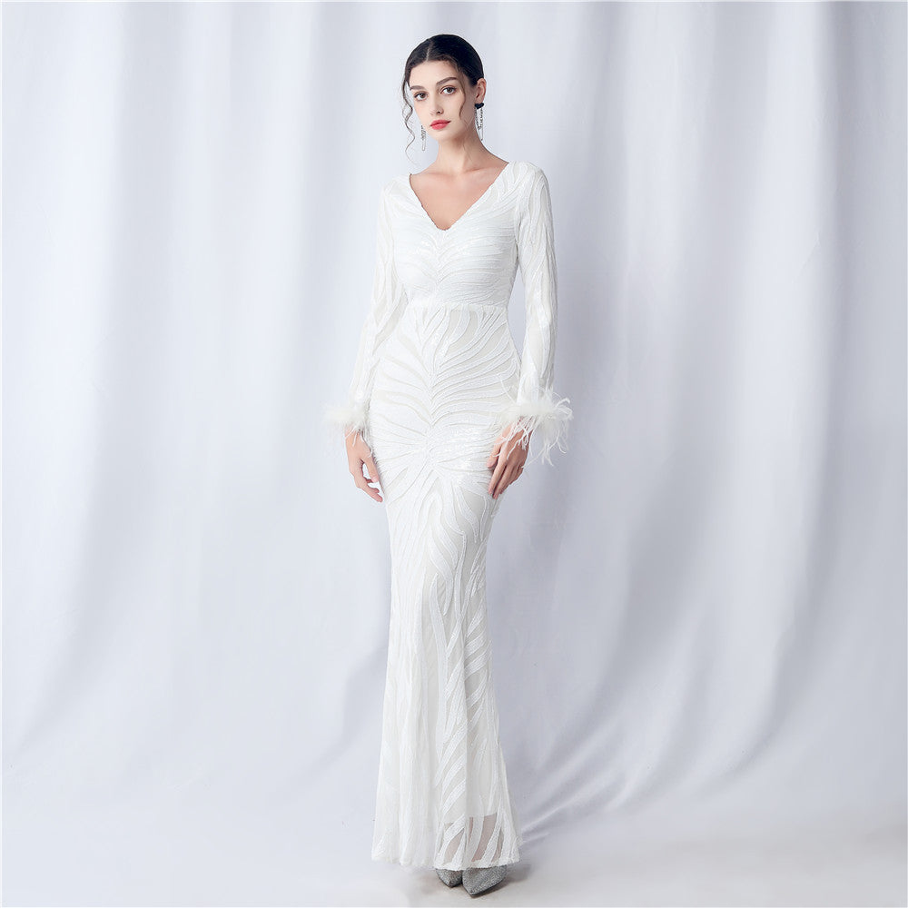 FZ Women's Ostrich Feather Positioning Floral Cut Sequin Evening Dress - FZwear