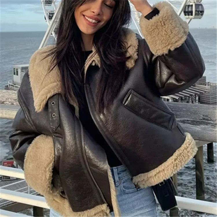 FZ Women's Motorcycle Fur Coat Zipper Jacket