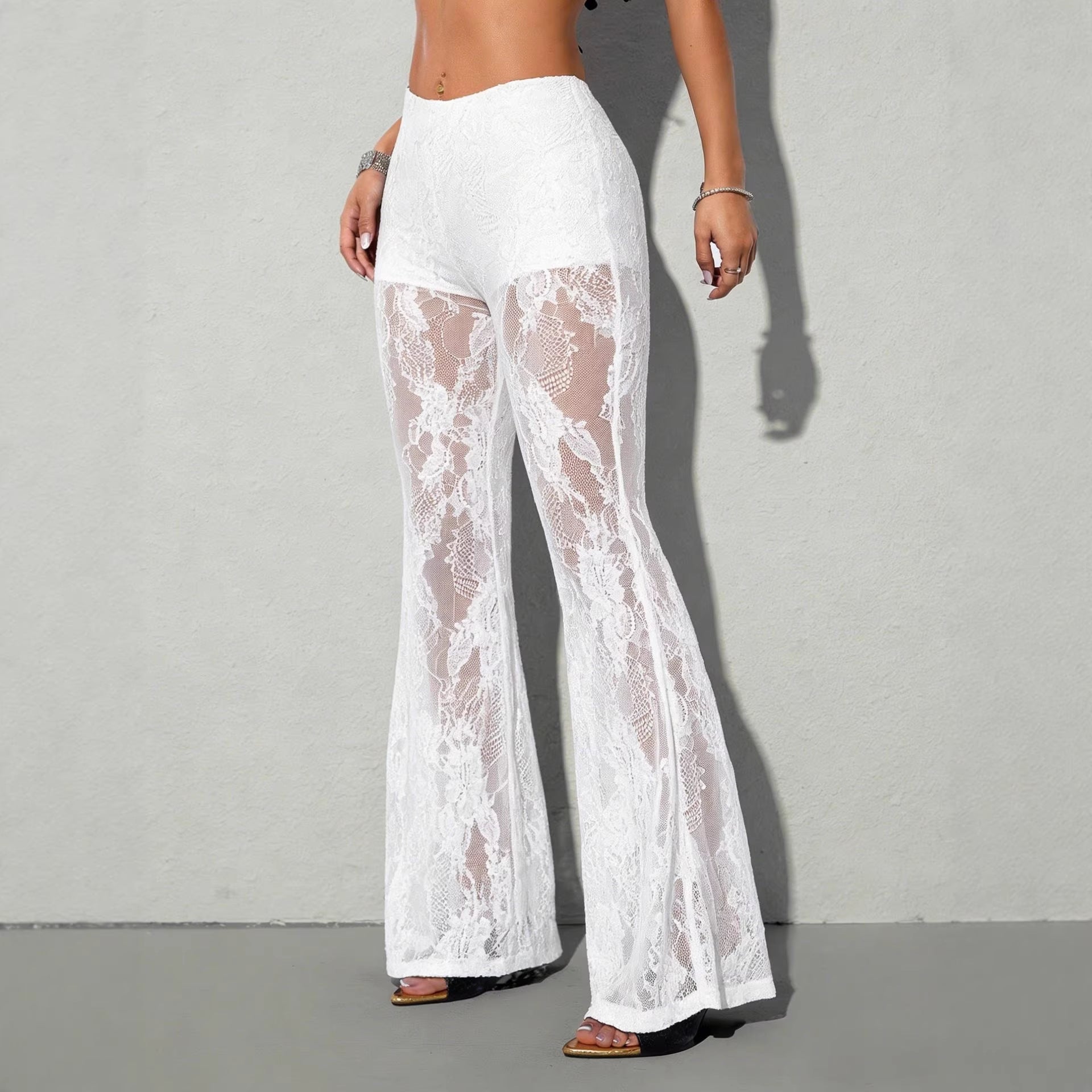 【PELLICULE】lacy belle bottom pants FZ Women's Lace Bell Bottom See through Bootcut Pants