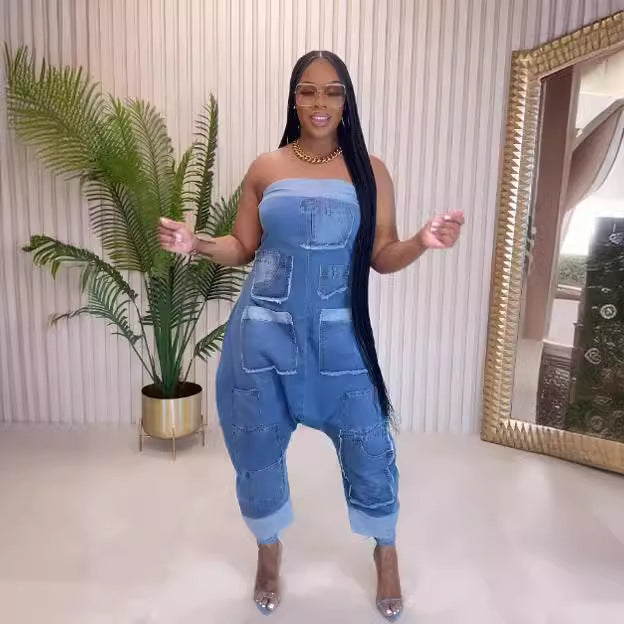 FZ Women's Multi Pocket Stitching Washed Loose Sleeveless Denim Jumpsuit - FZwear