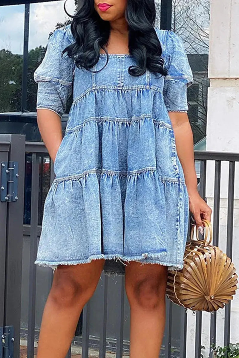 FZ Women's Plus Size Daily Puff Sleeve Babydoll Mini Square Neck Denim Dress
