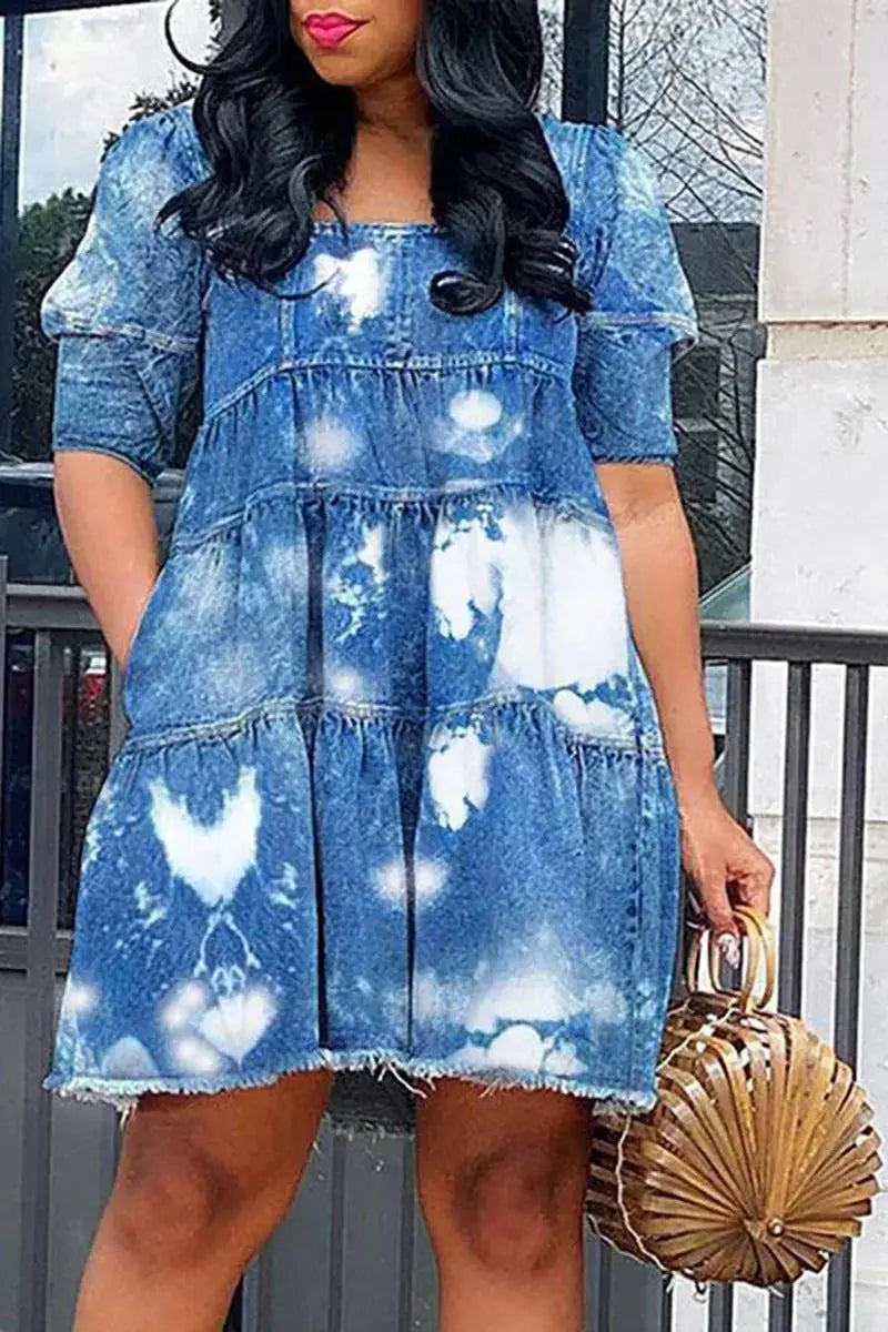 FZ Women's Plus Size Daily Puff Sleeve Babydoll Mini Square Neck Denim Dress