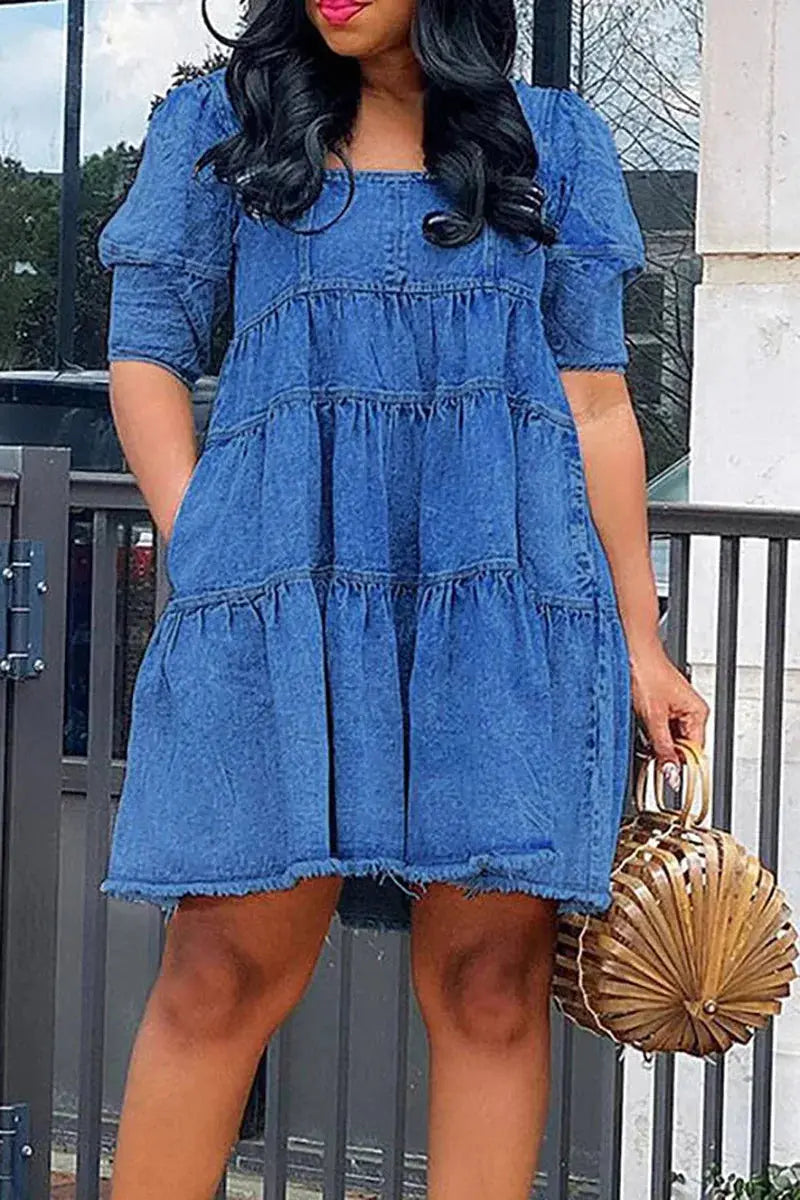 FZ Women's Plus Size Daily Puff Sleeve Babydoll Mini Square Neck Denim Dress