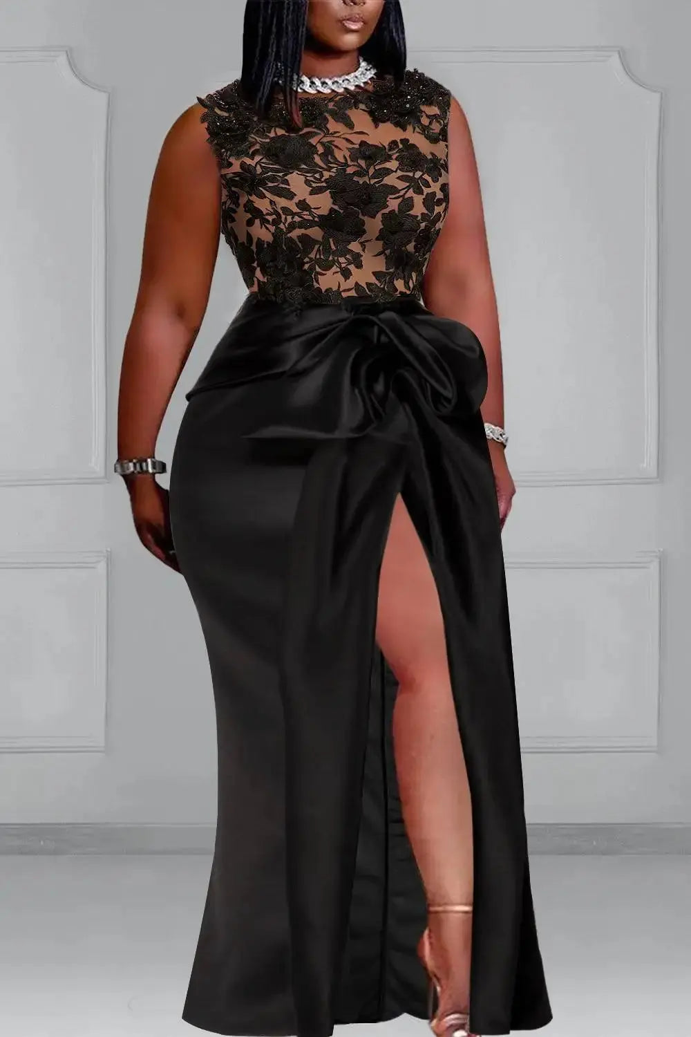 Plus Size Formal Evening Black Long Dress Round Neck Split Fold