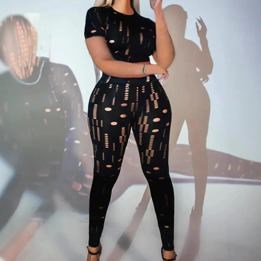 Plus Size Women Clothing Fashionable Trendy Mesh Sexy Long Sleeve Slim Fit Pants Set AMOUR