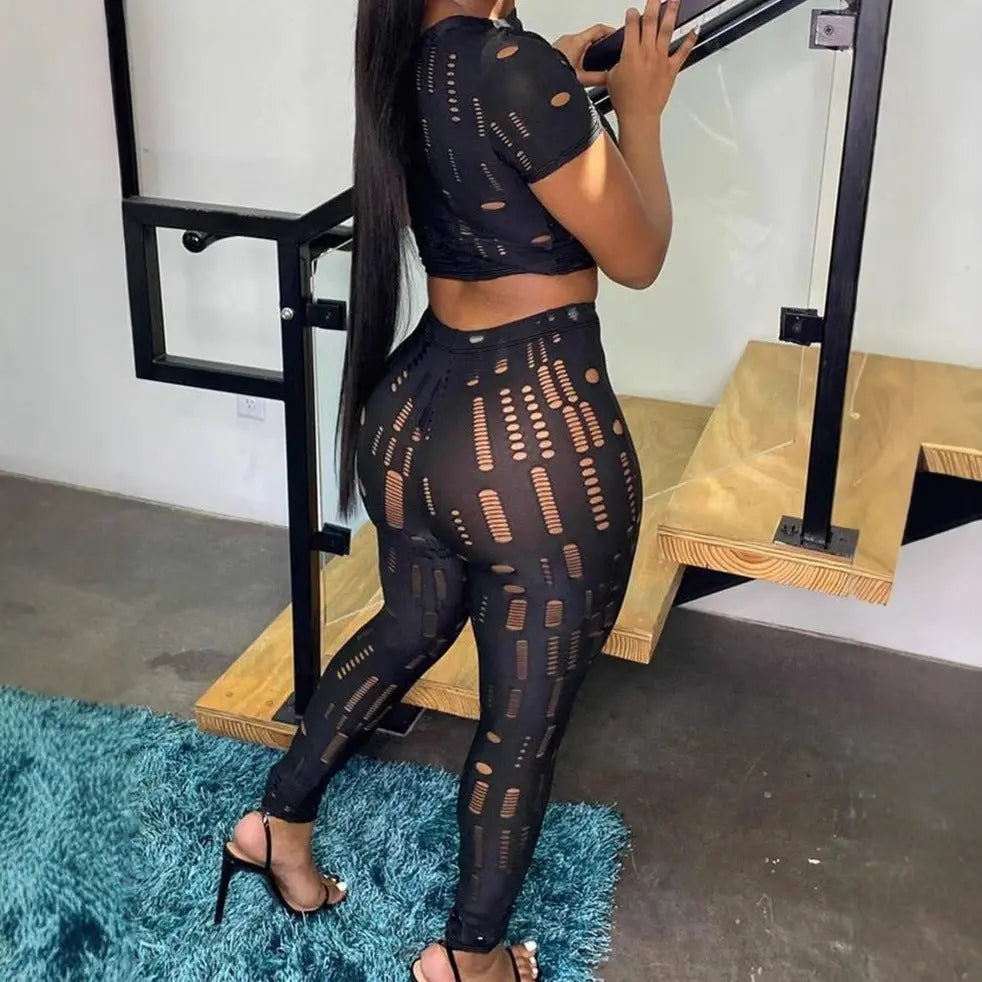 Plus Size Women Clothing Fashionable Trendy Mesh Sexy Long Sleeve Slim Fit Pants Set AMOUR