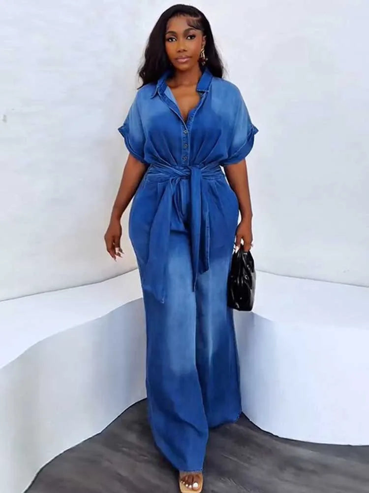 FZ Women's Soft Fabric One Piece High Waist Wide Denim Jumpsuit