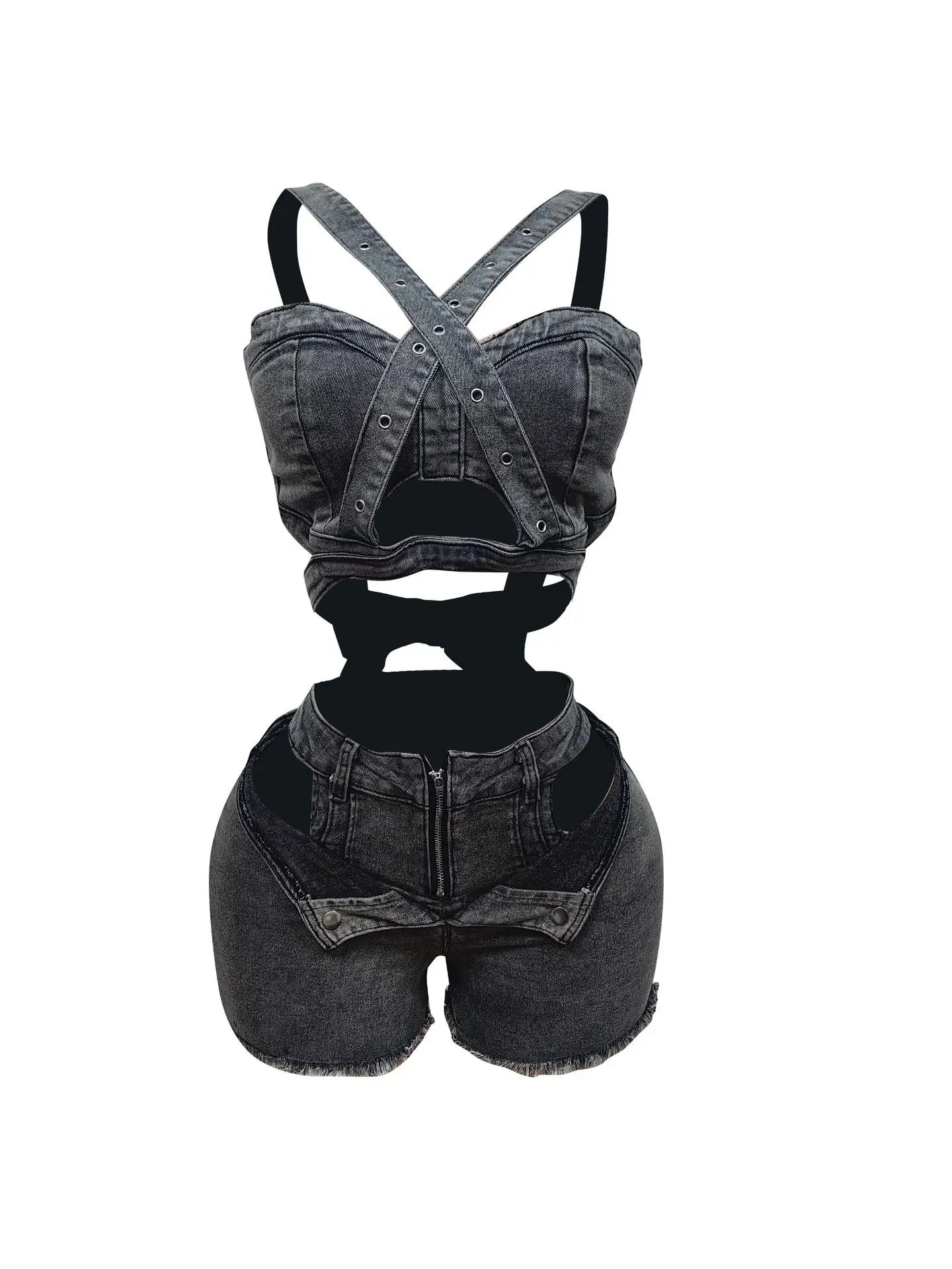 FZ Women's Wrap Strap Two 2 Piece Cutout Denim Shorts Suit