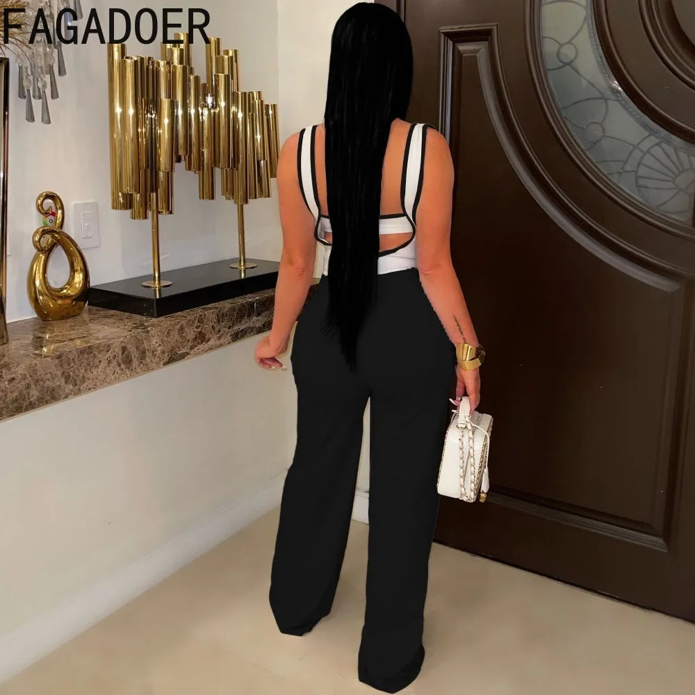 FZ Women's Fashion Patchwork Wide Leg Two Piece Pants Suit - FZwear