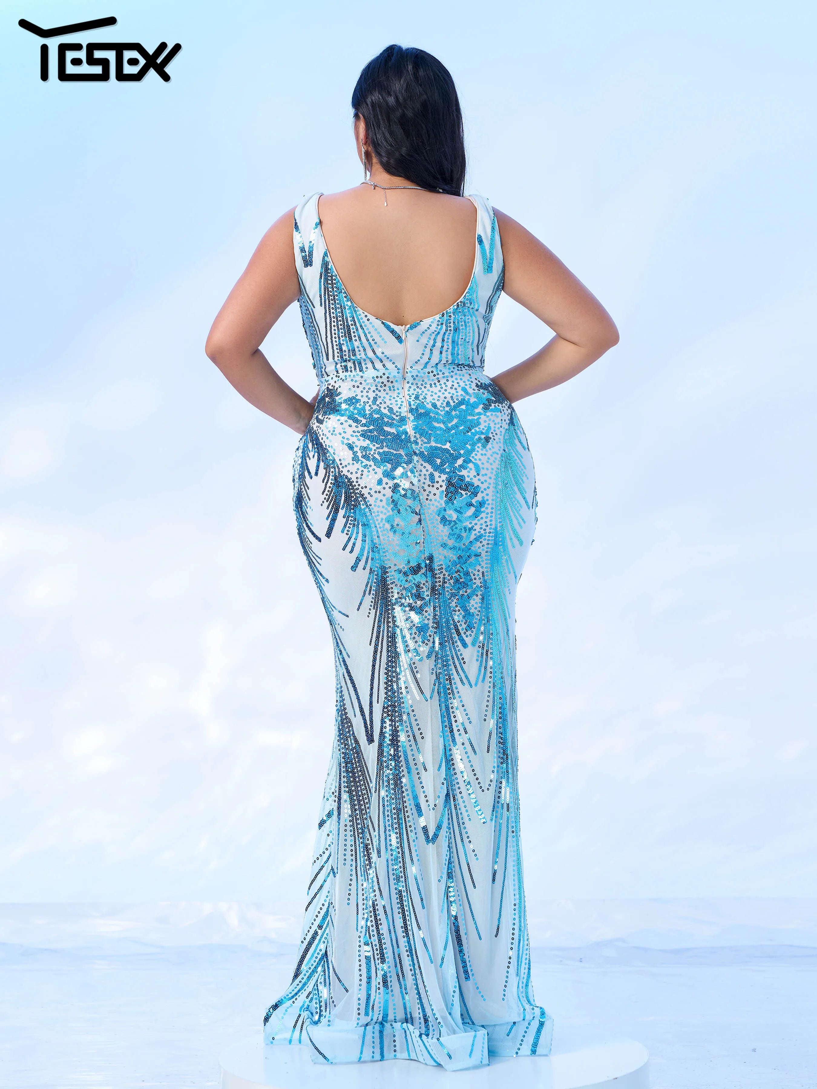 FZ Women's Plus Size V Neck Sleeveless Sequin Mermaid Evening Dress