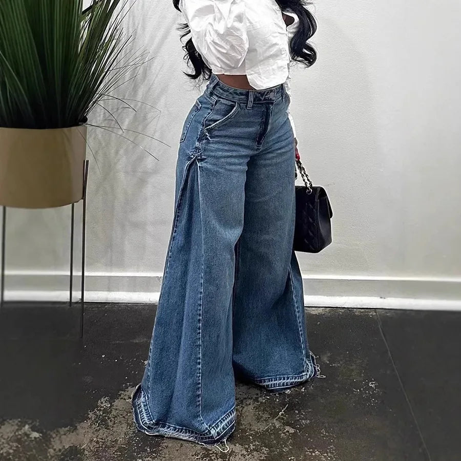 FZ Women's Spliced Casual Trendy Loose Wide Leg Flare Denim Pants
