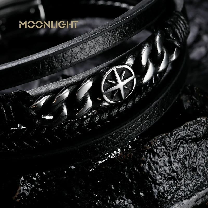 FZ Multi-layer Star Compass Shape Stainless Steel Leather Bracelet - FZwear