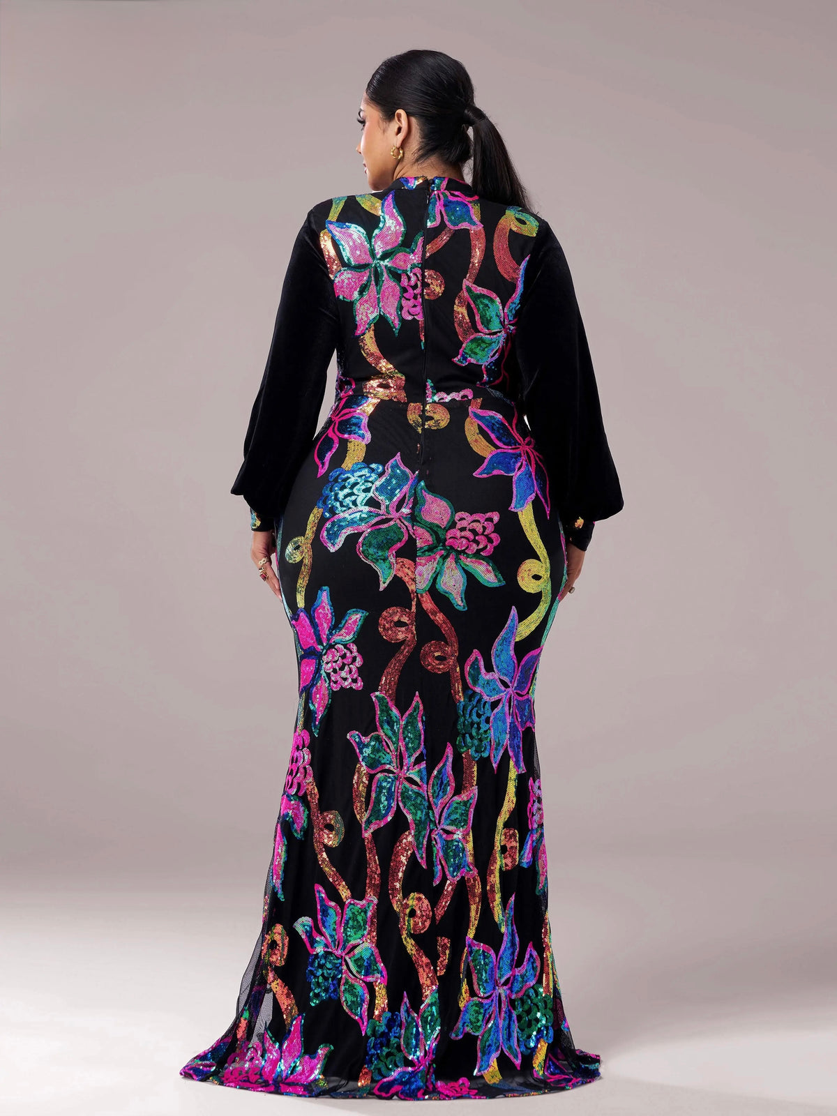 FZ Women's Plus Size Floral Round Neck Long Sleeved Sequin Mermaid Evening Dress