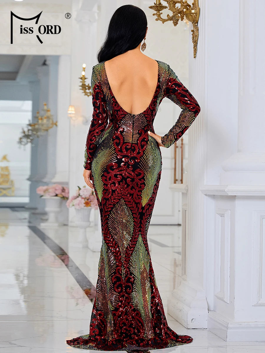 FZ Women's O Neck Long Sleeves Sequin Backless Maxi Mermaid Evening Dress