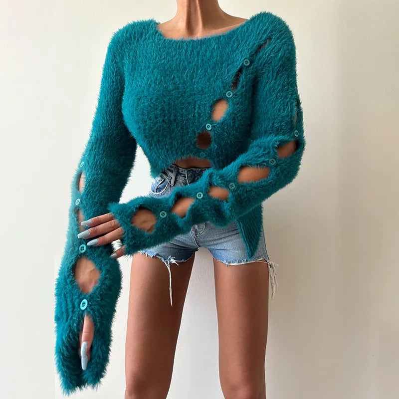 FZ Women's Cropped Hollow Out Cutout Knitted Sweater Top