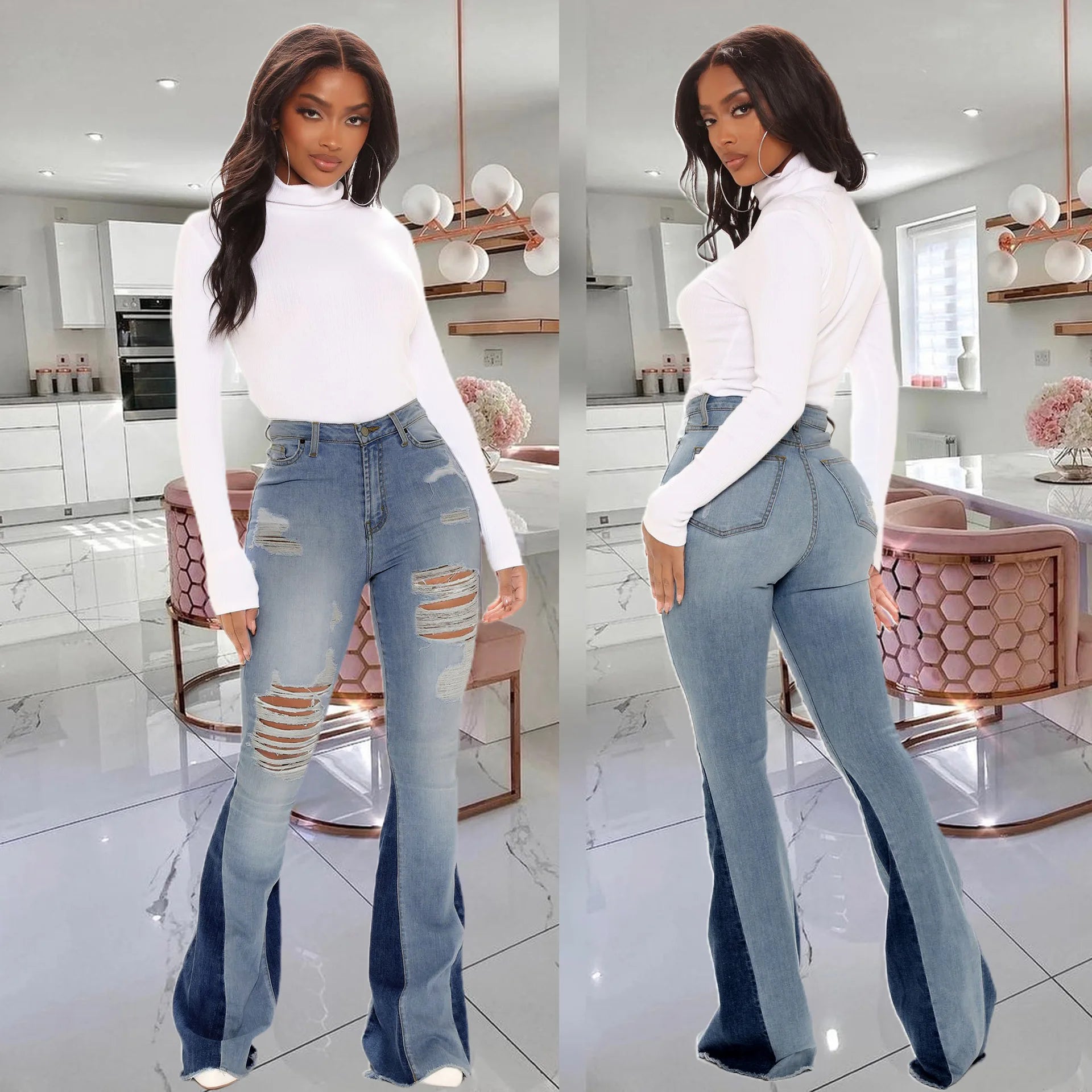 FZ Women's Boot Cut Distressed Ripped Patchwork Mid Waist Vintage Washed Denim pants