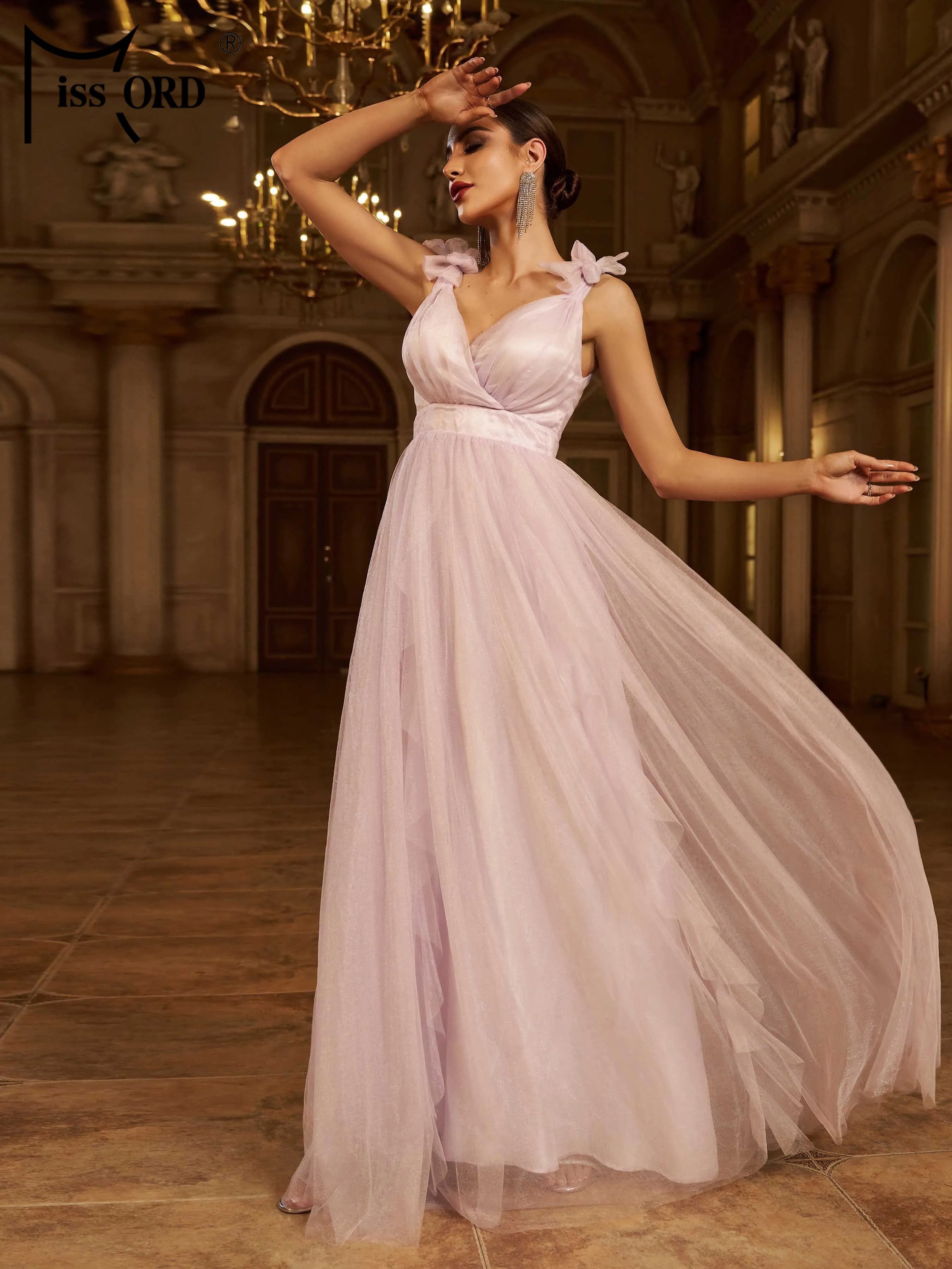 FZ Women's V Neck A Line Tulle Perform Maxi Prom Dress