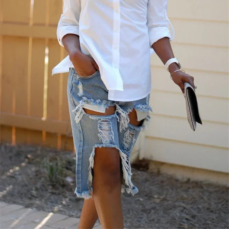 FZ Women's Sexy Ripped Hole Knee Length Hole Denim Shorts - FZwear