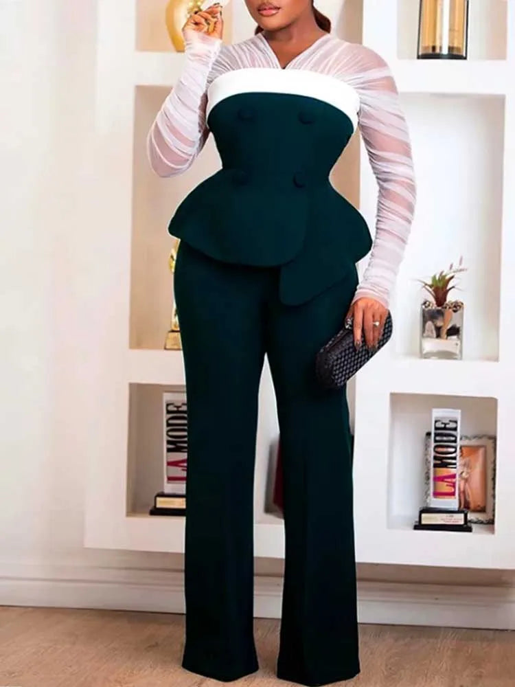 FZ Women's S Mesh Sleeves Slim Top and Slacks Two Piece Pants Suit