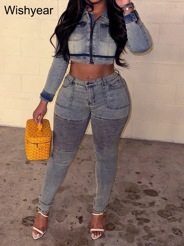 FZ Women's Blue Long Sleeve Ruched Patchwork 2 Piece Pencil Denim Pants Suit