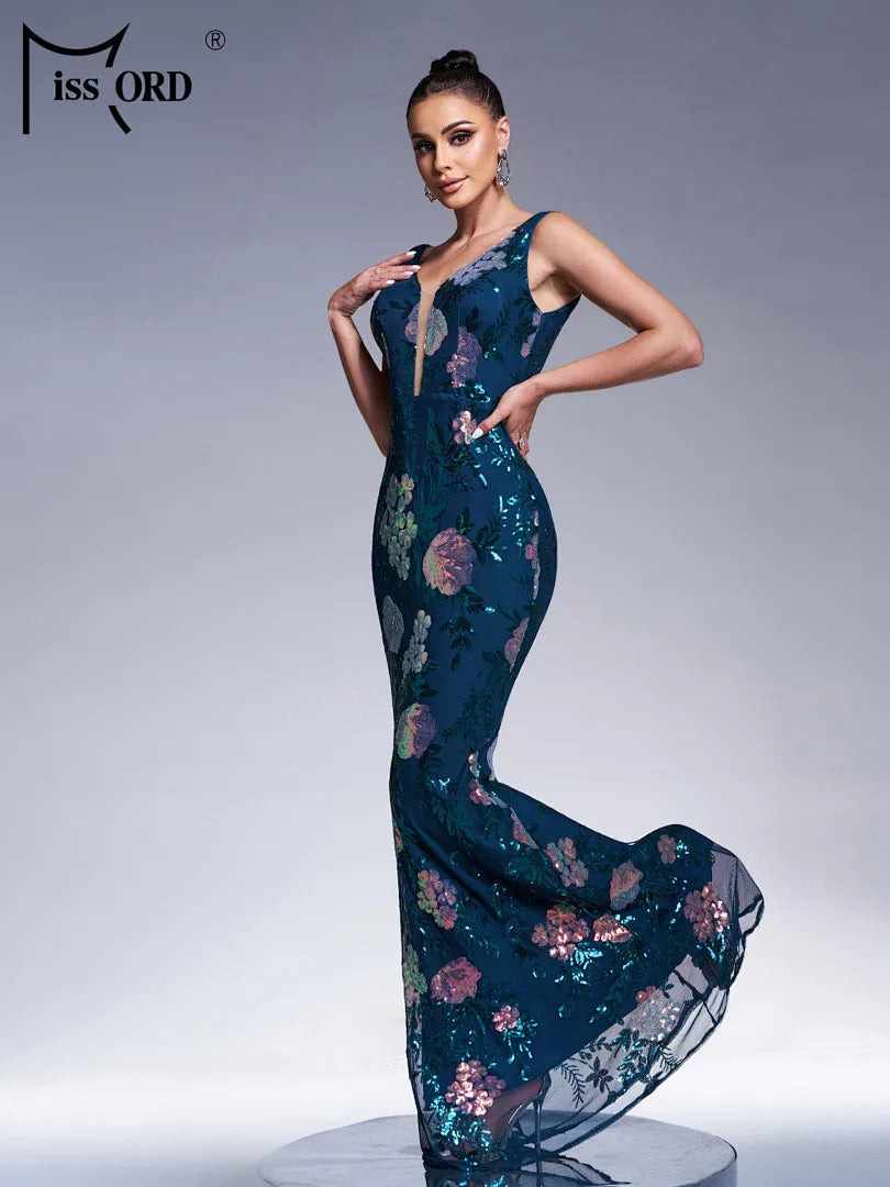 FZ Women's V Neck Sleeveless Sequin Mermaid Evening Dress