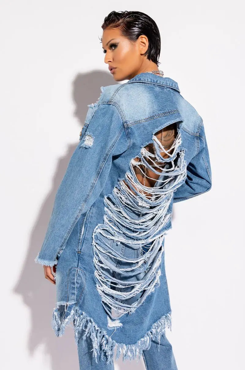 FZ Women's Ripped Turn Down Collar Hollow Out Denim Jacket