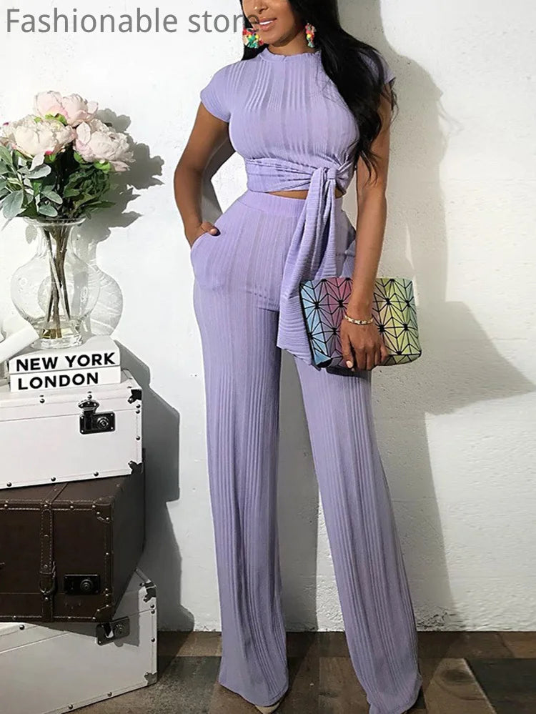 FZ Women's Tied Detail Crop Top & Wide Leg Pants Suit - FZwear