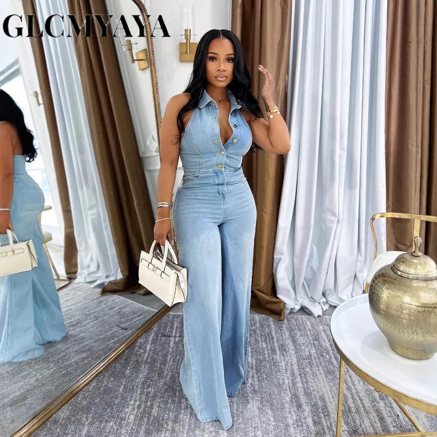 FZ Women's Sleeveless Single Breasted Wide Leg Denim Jumpsuit