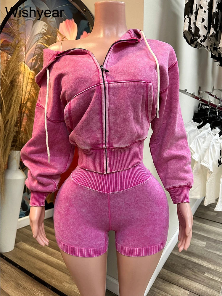 FZ Women's Vintage Wash Velvet Sweatshirt and Leggings 2 Piece Shorts Suit