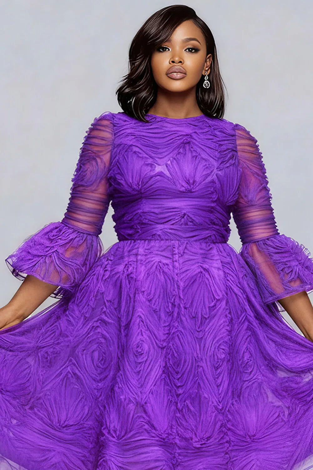 FZ Women's Plus Size Round Neck Flare 3/4 Sleeve Midi Dress