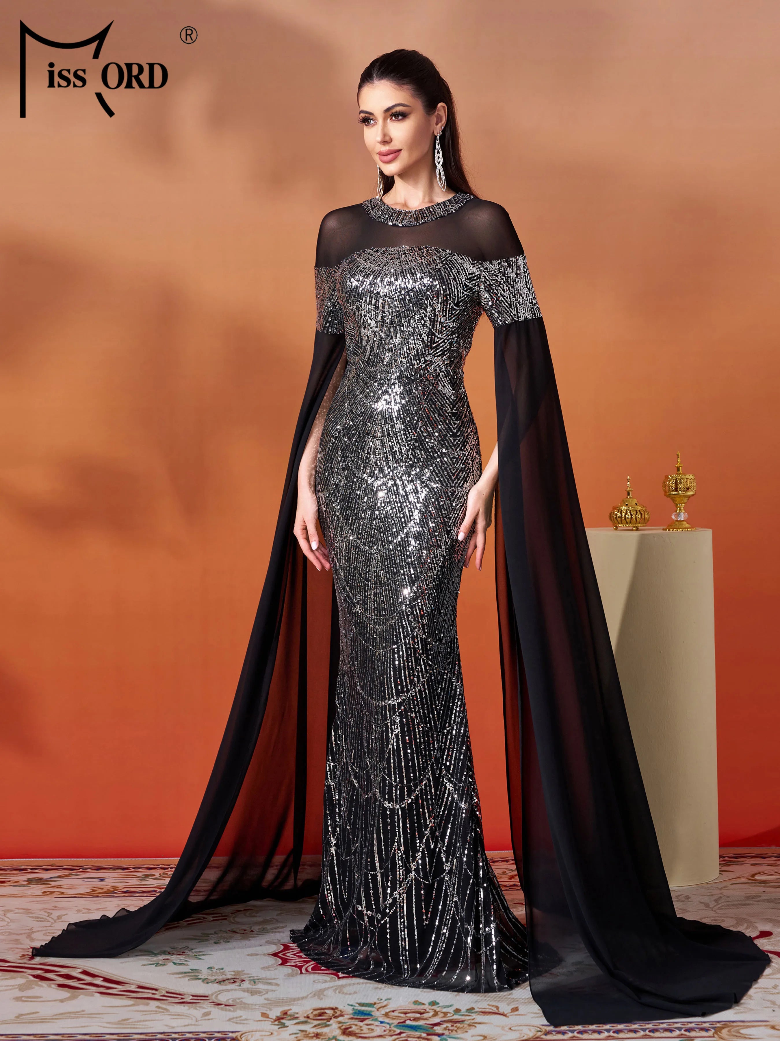 FZ Women's New Round Neck Extend Sleeves Sequin Mermaid Evening Dress