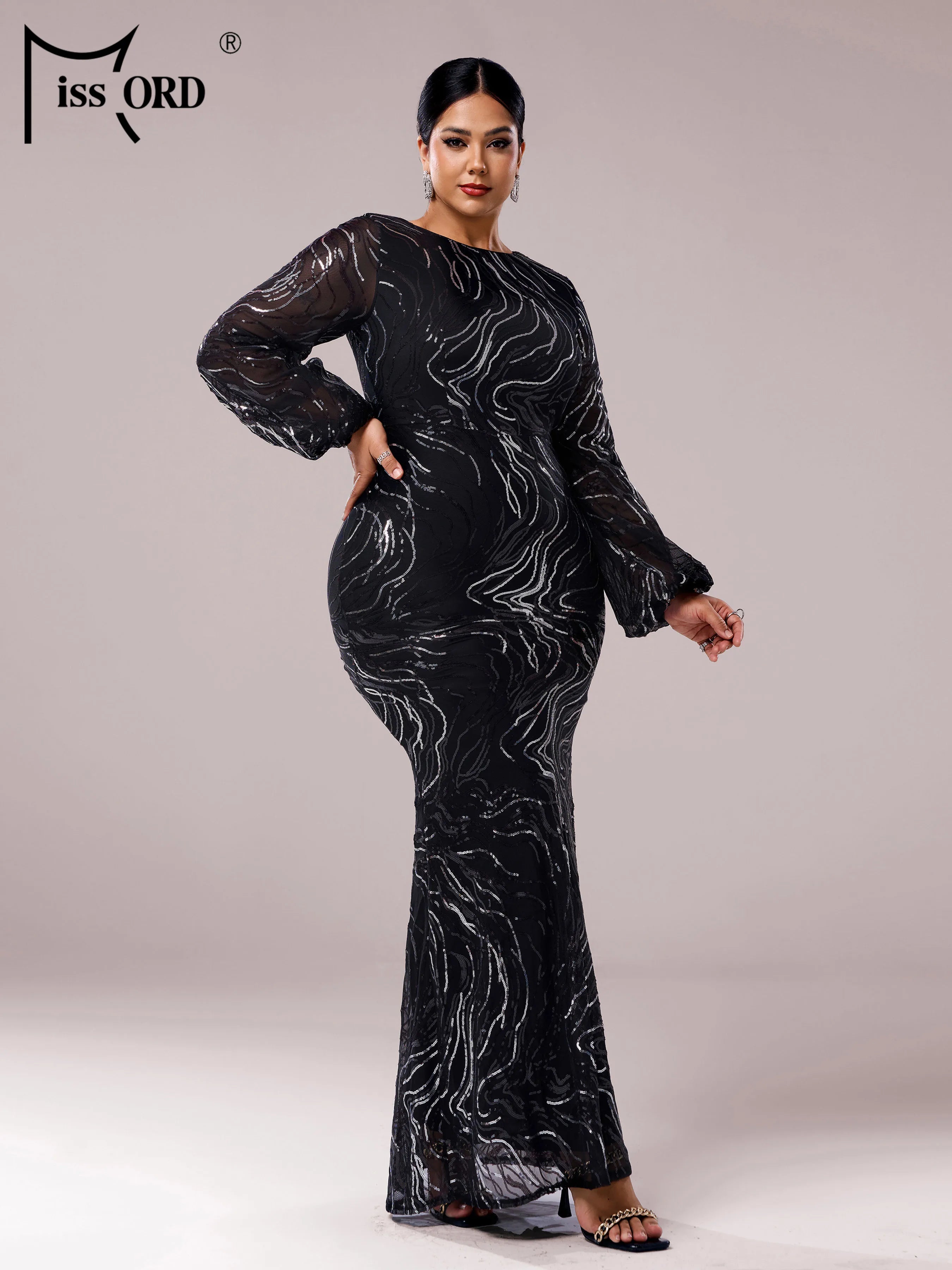 FZ Women's Plus Size Church Lantern Sleeves Round Neck Mermaid Evening Dress