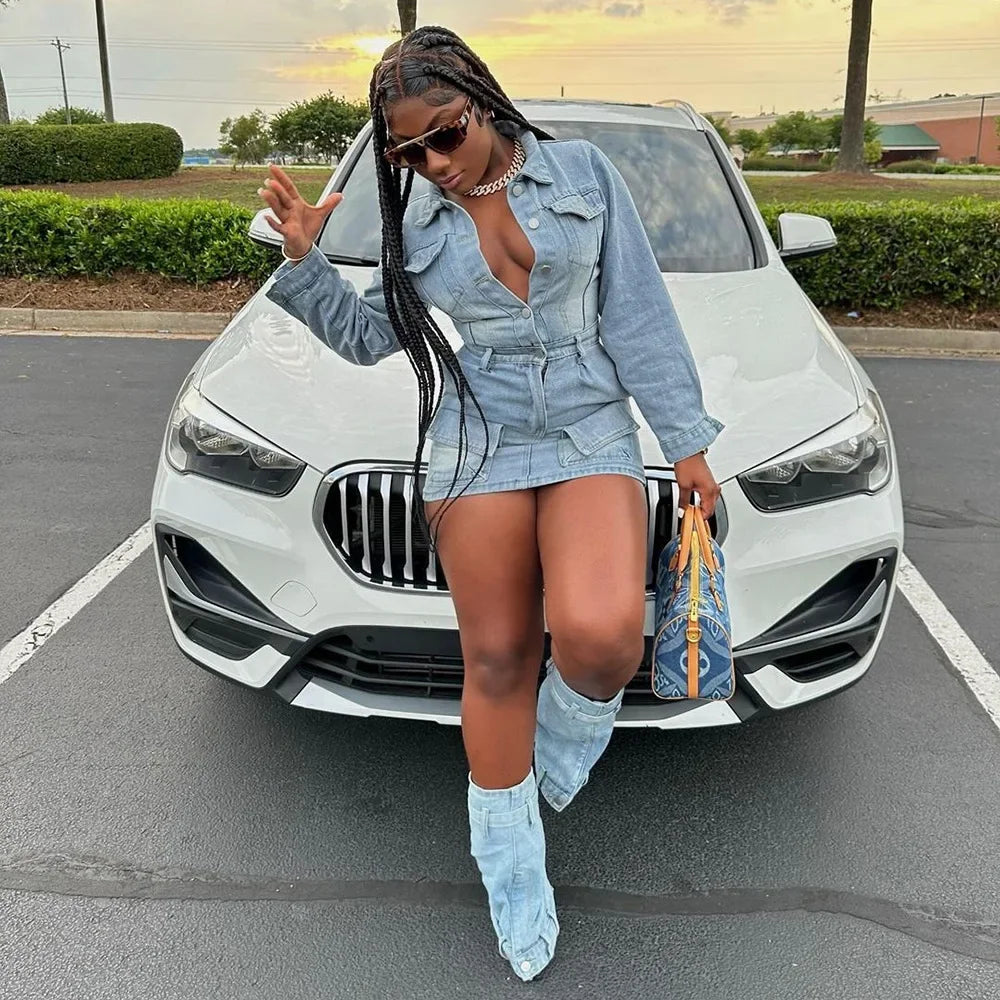 FZ Women's Single Breasted Turn-down Collar Denim Dress