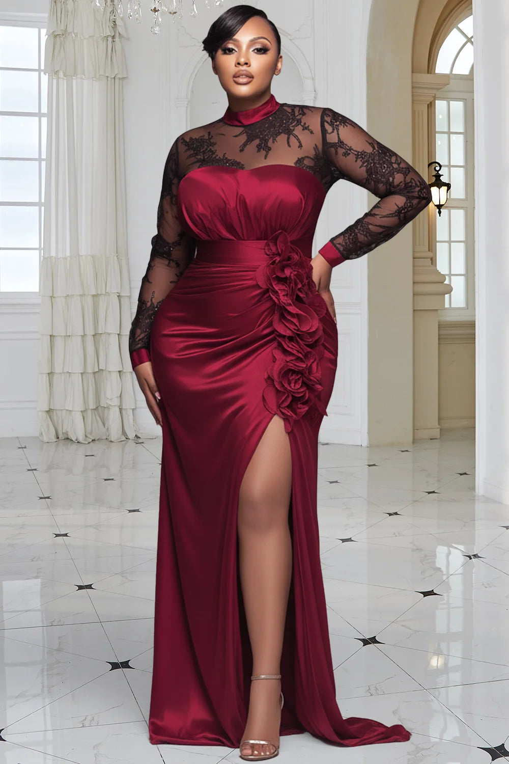 FZ Women's Plus Size Mock Neck Long Sleeve 3D Elegant Split Satin Lace Maxi Dress