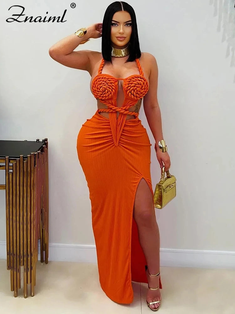 FZ Women's Halter Hollow Backless Slit Maxi Dress