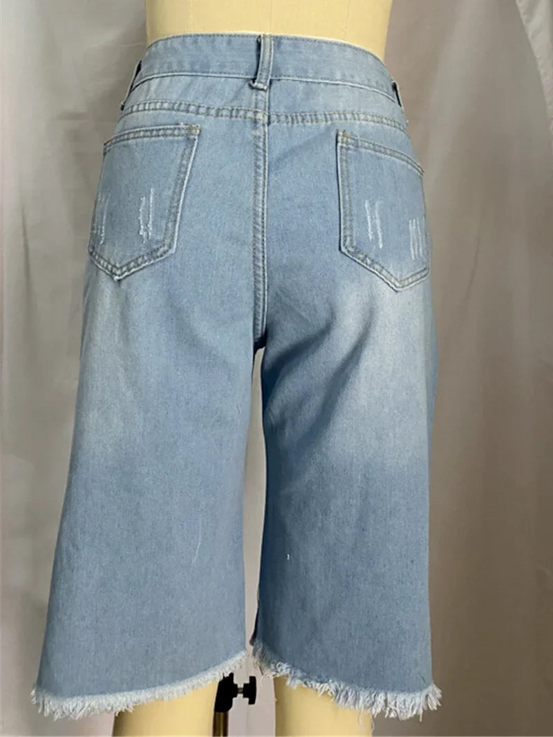 FZ Women's Sexy Ripped Hole Knee Length Hole Denim Shorts - FZwear