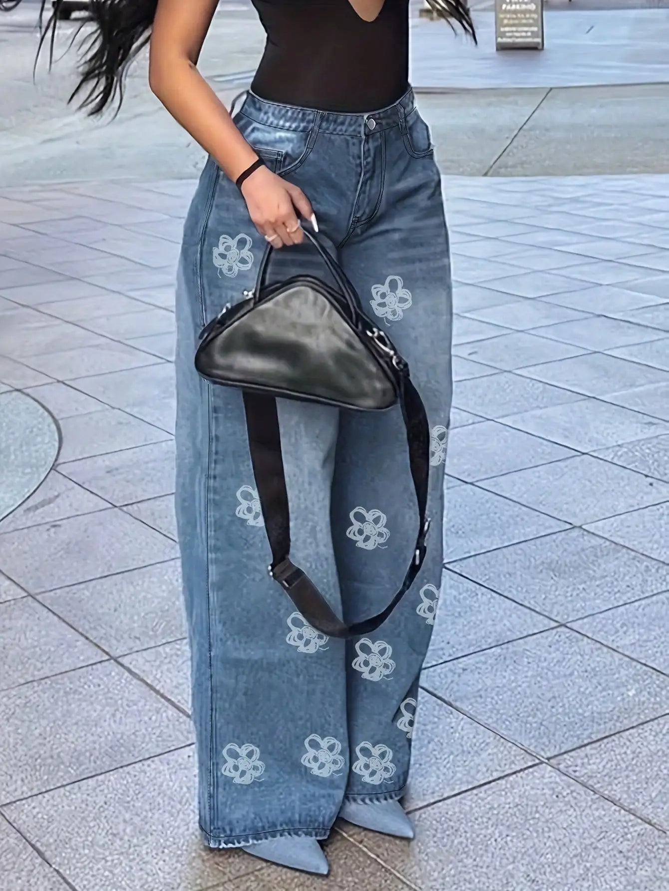 FZ Women's Loose High Waist Wide Leg with Print Denim Pants