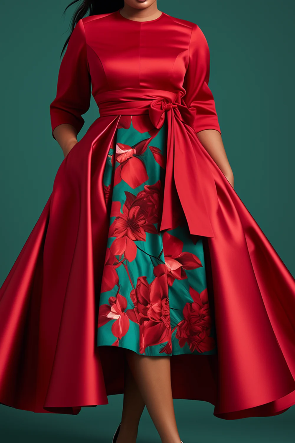 FZ Women's Plus Size Floral Round Neck 3/4 Sleeve Peplum Satin Midi Dress